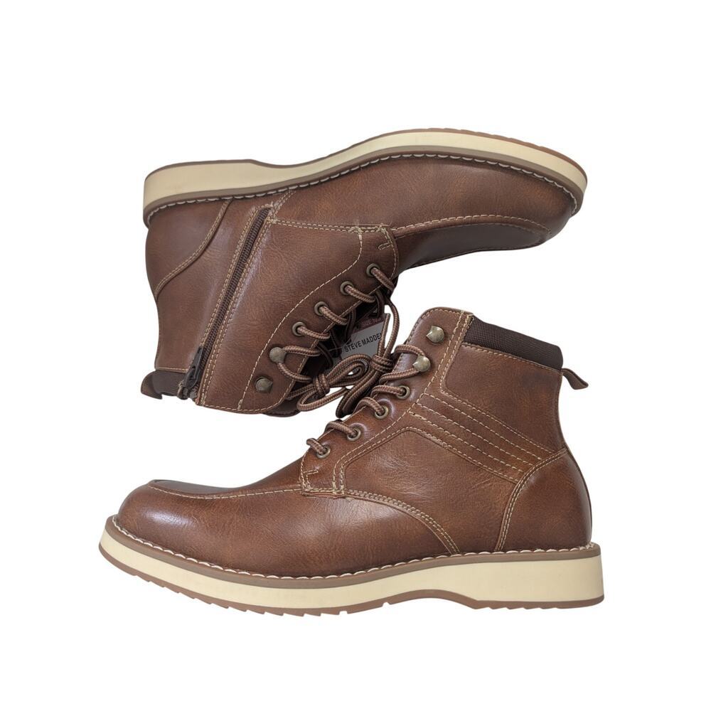 NIB! STEVE MADDEN! COGNAC BROWN VEGAN LEATHER ORTHOLITE LACE & ZIP BOOTS! 10.5